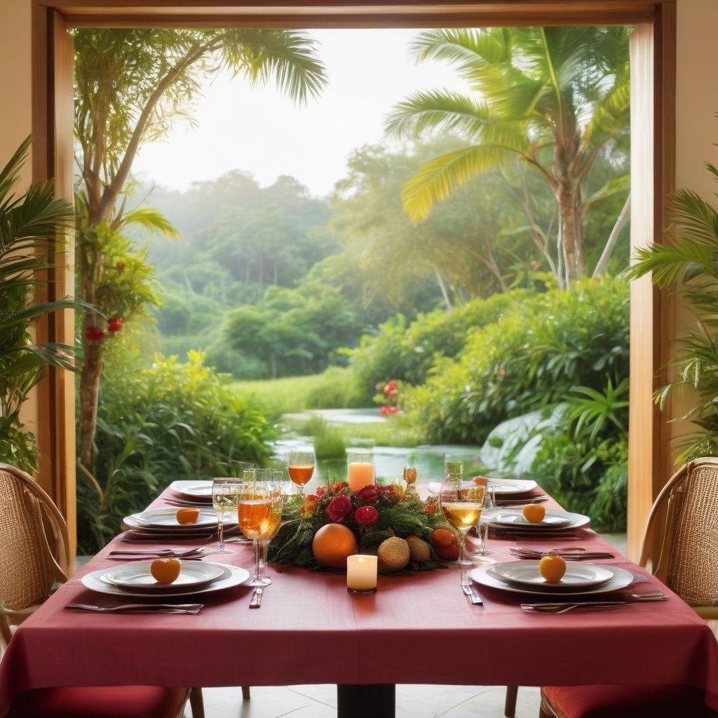 A luxurious dining table set with exquisite gourmet dishes artfully arranged, surrounded by lush greenery and tranquil spa settings, creating a harmonious blend of fine cuisine and relaxation. Soft, warm lighting enhances the inviting atmosphere, showcasing elegant tableware and fresh ingredients. The backdrop features serene landscapes suggesting wellness and tranquility, inviting the viewer to escape into a perfect holiday experience. super-realistic. vibrant colors. soft focus.